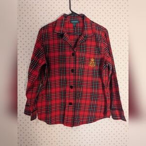 ♥️ Lauren Ralph Plaid Gold insignia flannel pajama top animal print collar